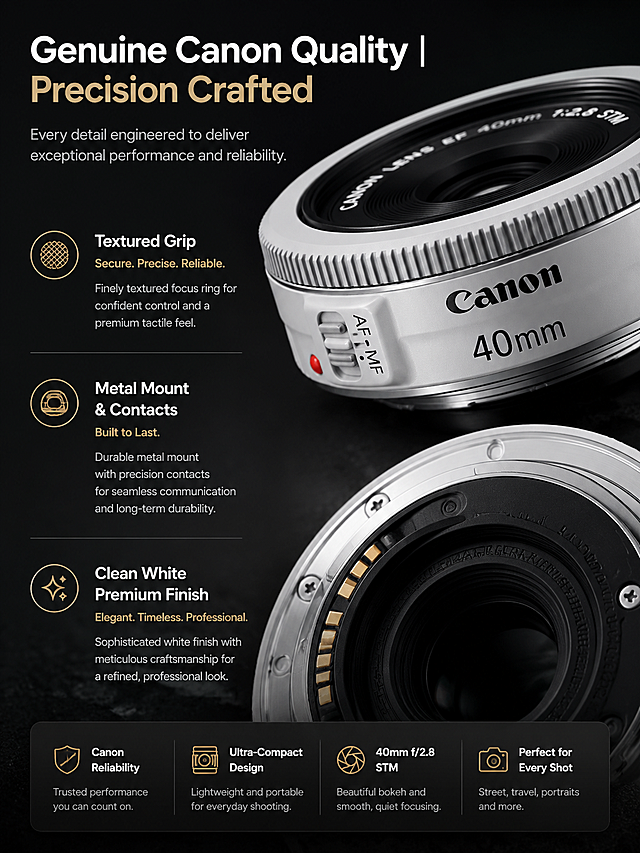 Vertical 3:4 detail page screen, close-up showcase of premium build quality details for Canon EF 40mm f/2.8 STM white lens, headline text "Genuine Canon Quality | Precision Crafted", highlight textured grip, metal mount contacts, and clean white finish quality, dramatic studio lighting that emphasizes build quality, 3:4 vertical ratio, mobile-optimized high-conversion layout with English selling points