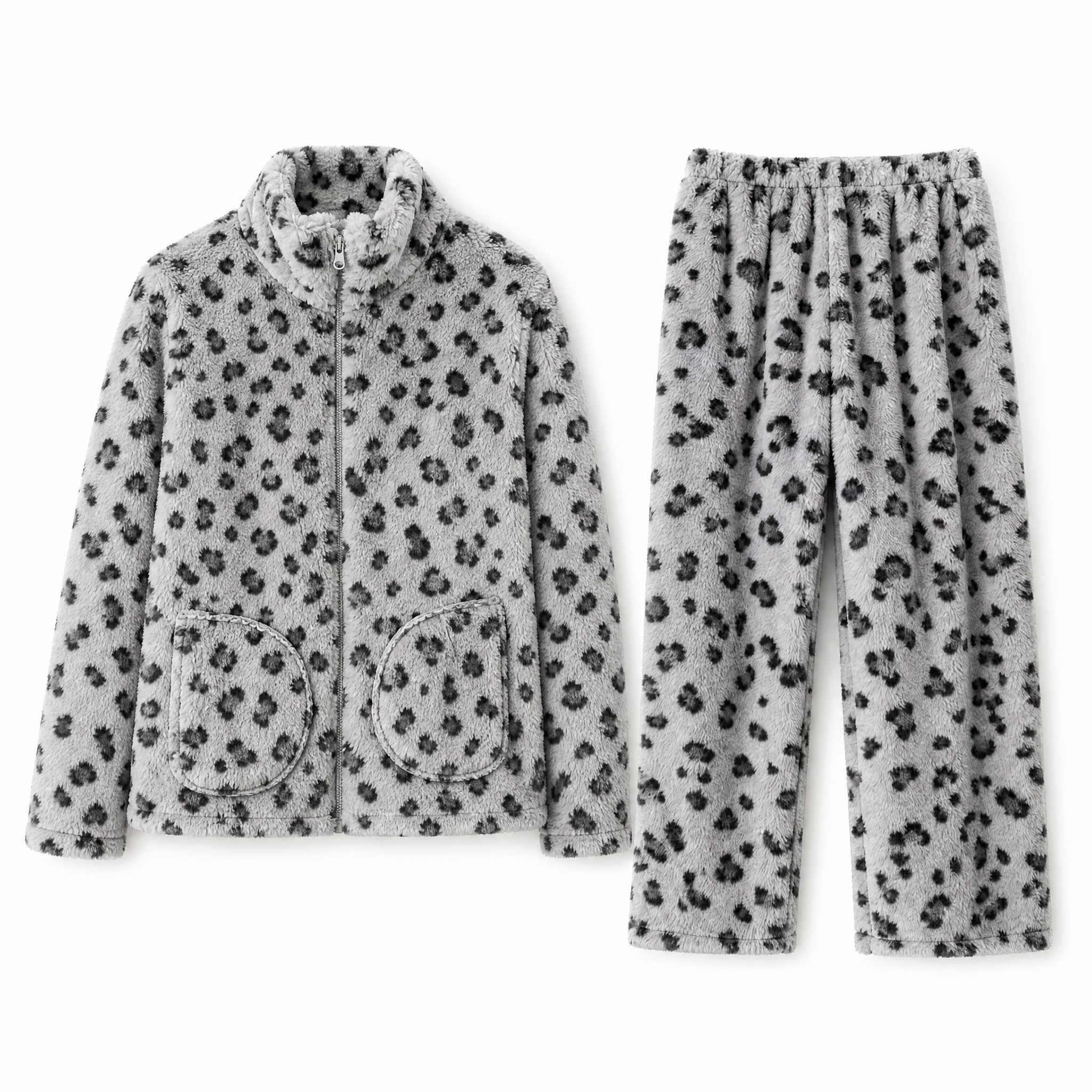 灰色豹纹法兰绒立领拉链家居服套装（上衣+长裤），纯白色背景平铺… - 图片创意预览