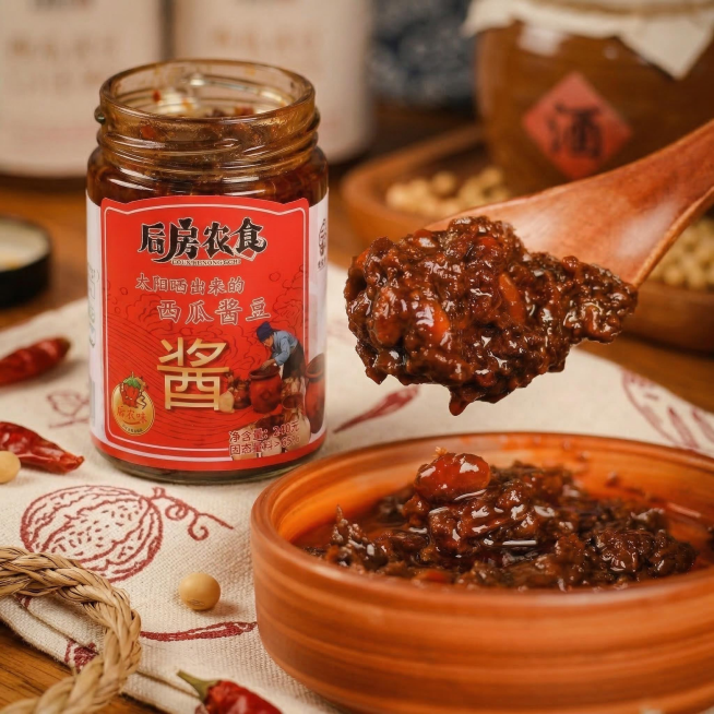 基于原图重新生成，完全保留西瓜酱产品和酱料的形态、颜色、颗粒、质感、所有文字Logo不变，生成第五张周围细节不同的微距特写产品图，保持暖色调自然光、柔和侧光、食物油润光泽、浓郁酱色、高清质感、食欲爆棚预览效果