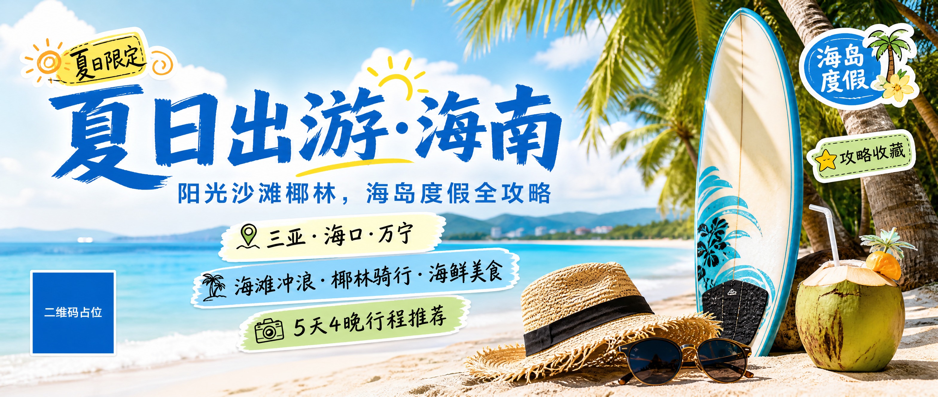 公众号首图海报，夏日出游海南主题，内容种草封面风格。画面背景为… - 图片创意预览