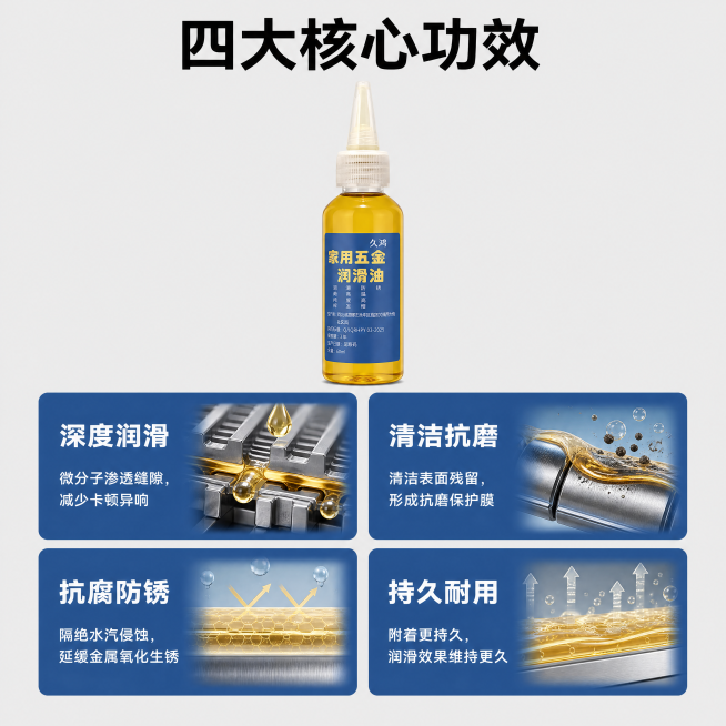 [第3屏] 核心功效四宫格解析屏，展示久鸿微分子机械润滑油四大核心卖点。
[氛围/风格] 清晰信息卡风格，2x2四宫格布局，简约大方信息密度适中。
[元素布局] 画面分为四个相等的圆角卡片，每个卡片展预览效果