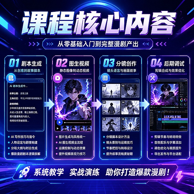 1:1方形海报，活泼跳跃充满活力的未来科技风，主题"课程核心内容"，分模块呈现从零基础入门到完整漫剧产出的全流程教学，包含：剧本生成→图生视频→分镜创作→后期调试，整体采用蓝紫霓虹渐变配色，几何光效装饰，版式精美。