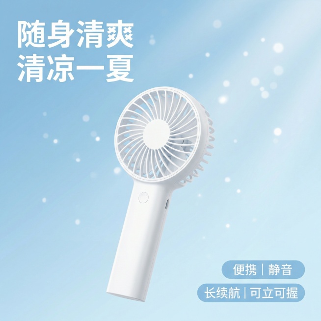 [主图 1 首图点击率]，[主图主题]便携式手持小风扇夏日清凉首图，[氛围风格]清爽简约夏日风，明亮干净的自然光，通透清新感，[画面元素]纯白色手持小风扇居中放置，产品完整展示，背景为干净清爽浅蓝色渐预览效果