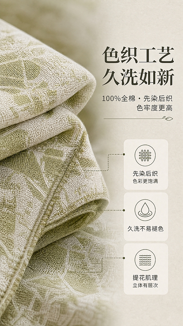 [商品] 使用【图1】全棉色织提花四件套的面料部分，抹茶绿+米白叶影提花；商品处理：保留提花图案、纱线纹理、颜色与面料材质；放大展示色织肌理，增强纱线层次感与棉质感，不改变图案和颜色。
[画面] 页面目标：材质工艺细节展示，突出全棉色织提花的高级质感与工艺价值；构图：竖版微距特写，面料折叠铺陈占画面60%，左侧面料肌理特写，右侧留白放文案；前景是叠放的面料边角露出缝线，中景是提花纹理清晰的面料主体，后景是同色系渐变虚化背景；阅读动线从左到右；景别：微距特写；产品角度：平铺微俯。
[视觉] 套系策略：风格=侘寂治愈风高级家纺商业摄影；标题字=纤细优雅宋体衬线粗体；正文字=现代简洁无衬线体；主色=抹茶橄榄绿+米杏白；背景延展=基于米杏白做深浅层级、同色渐变和细腻纸张质感；强调色=深抹茶绿，仅用于小面积图标、引线和标签；标题色=深炭灰绿；正文色=中暖灰；组件=圆角浅底信息卡、细线引线、纱线纹理小图标；光影=正上方柔和漫射光，突出面料肌理立体感。
[文字] 右侧主标题「色织工艺 久洗如新」，副标题「100%全棉 · 先染后织 色牢度更高」，下方3个工艺卖点：先染后织 色彩更饱满 / 久洗不易褪色 / 提花肌理 立体有层次；文字区位于画面右侧2/5，不遮挡面料主体；所有文字横排。
[规格] 图片比例9:16竖版，4K分辨率，medium质量；避免变形、错字、文字过小、冷蓝背景、图案改变、出现平台Logo水印。