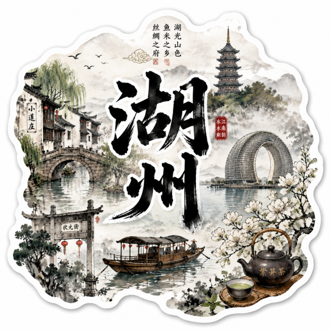 不规则形状贴纸设计，书法字体"湖州"，融入湖州特色实景插画，水墨国风，中式元素，细节丰富，贴纸边缘自然不规则预览效果
