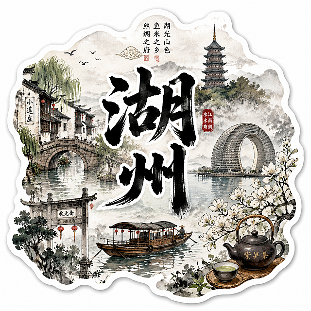 不规则形状贴纸设计，书法字体"湖州"，融入湖州特色实景插画，水墨国风，中式元素，细节丰富，贴纸边缘自然不规则