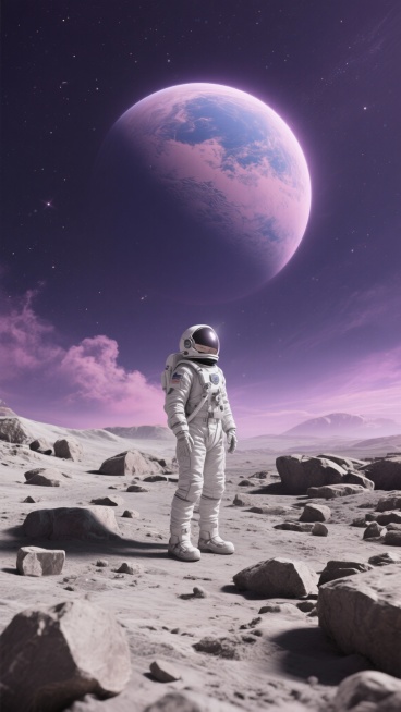 超写实风格宇宙景观，深邃神秘的暗紫色星空背景，点缀着无数闪烁的星辰，远方有朦胧的星云散发着幽幽粉紫色光芒。前景是布满大小不一、棱角分明的灰褐色岩石的月球表面，地表覆盖着细腻的灰白色尘埃。画面中央偏上位预览效果