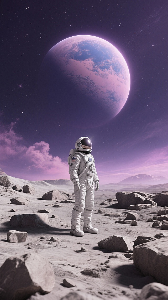 未来感与科技感交织的3D虚拟现实场景，宇航员伫立月面，仰望梦幻紫调星球，光影流动，粒子飘散，玻璃质感星空，超现实主义美学展现宇宙的广阔与神秘。