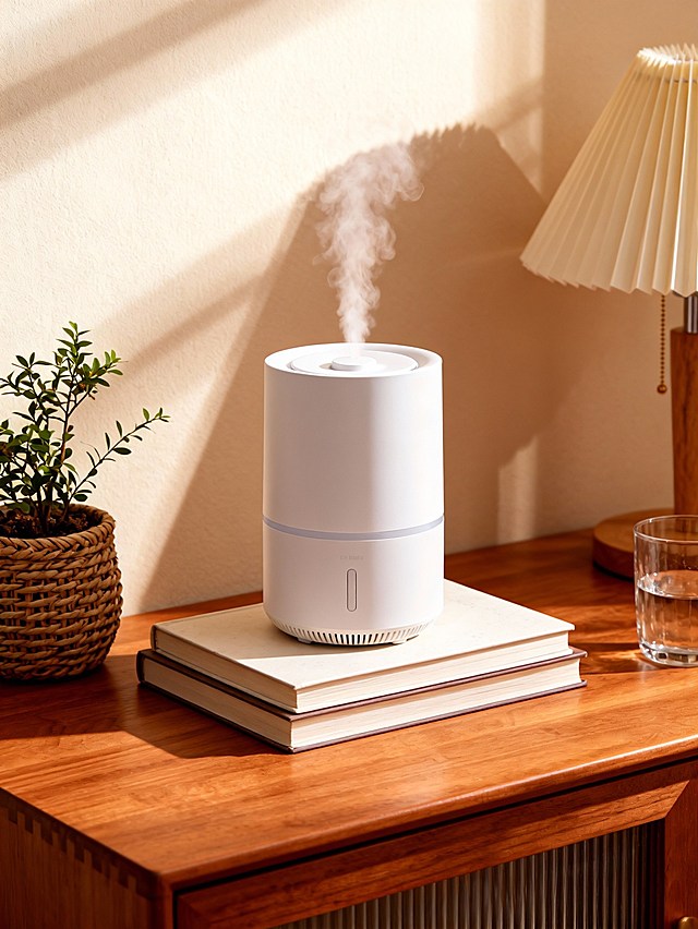 主体作为视觉中心（占画面约40%的比例），被放置在一本厚重的书籍上，书本与主体共同置于木质桌面。编织盆栽、玻璃杯、台灯装饰桌面，背景为浅米色墙面（投射出柔和光影）。温馨治愈的室内静物摄影风格，复古感氛围，画面整体为暖色调，以原木棕、米白、浅褐为主。