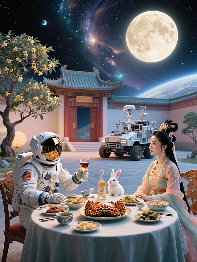 宇航员（举酒杯）和嫦娥仙子（看着宇航员）在广寒宫门口，对坐餐桌前，桌上有一盘大闸蟹、和其他中式美食、桂花酒，旁边停着一个太空探测车，宫殿前有一棵桂花树、小兔子，背景是宇宙星空