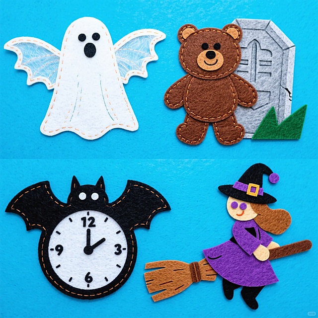 可爱卡通风格，拼贴风与描边风结合，拟人化万圣节元素，面料质感十足，梦幻趣味感满满，节日氛围浓厚。