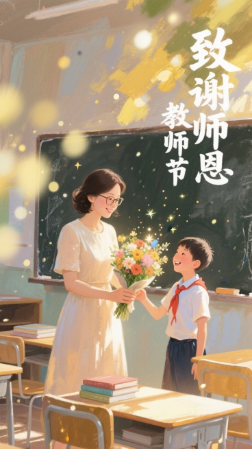 温馨治愈插画风格，画面主体为教室场景里，戴眼镜穿浅色系连衣裙的女教师温柔接学生递的缤纷花束，学生穿校服笑容灿烂；构图以师生互动为中心，下方点缀书卷；背景是有黑板、课桌椅且阳光洒入的明亮教室；整体色调温预览效果