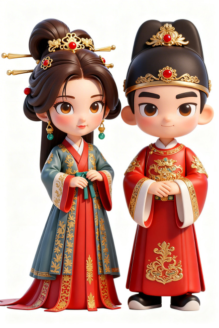 生成相同风格的3D潮玩Q版人物，一男一女两个人物，都身着古风唐代结婚盛装，华丽婚服，精致饰品，纯白色背景，和参考图片相同的风格，立体3D卡通IP形象预览效果
