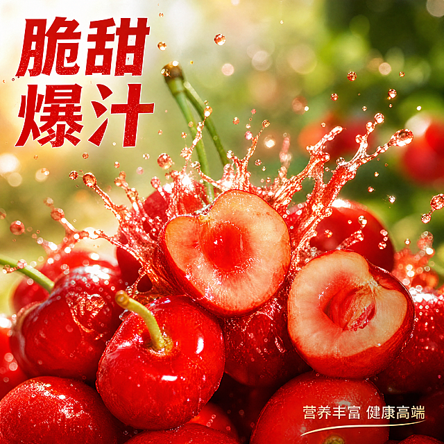[主图-4] 陕西萨米脱大樱桃果肉爆汁瞬间
[氛围风格] 动态视觉，冲击食欲，新鲜诱人
[画质] 商业摄影质感、光线柔和通透、产品清晰真实、画面干净高级
[元素] 保持大樱桃产品外观与输入产品图绝对一致，杜绝任何变形和色差，精细化处理。捕捉挤压大樱桃，红色果汁飞溅瞬间，保留完整果型和切面，背景虚化果园，商品主体占比70%，画面满屏无边框
[光影] 逆光捕捉果汁通透光泽，高光点缀，立体感强
[配色] 鲜红色主调，自然背景浅绿和暖黄色，对比鲜明
[视角构图] 中心动态瞬间构图，动感十足
[文字版式] 左上大字「脆甜爆汁」红色粗体，右下角小字「营养丰富 健康高端」，文字清晰层次分明，不遮挡主体动态
[比例分辨率] 1:1比例，4k分辨率，文字清晰锐利，画面超高清
[负向提示词] 变形，水印，文字错乱，产品图模糊，背景杂乱