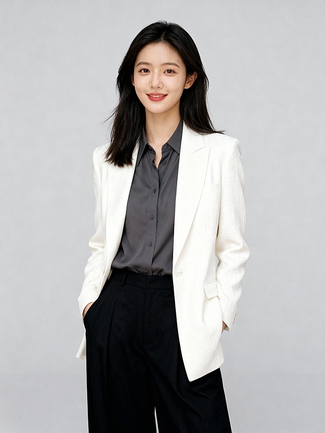 大气白色西装黑色内搭插兜女士形象照