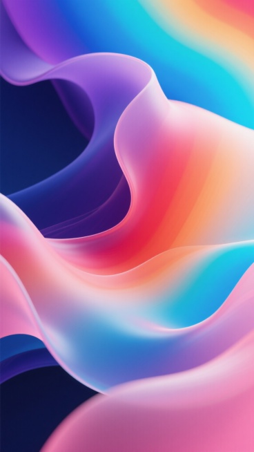 3D渲染风格的抽象流体渐变背景，主色调由深邃的蓝紫色、明亮的青蓝色、温暖的橙红色和柔和的粉色组成，色彩过渡自然和谐，形成彩虹般的渐变效果。画面中充满流动感的波浪形态，边缘柔和模糊，呈现出细腻的半透明磨砂质感，光影柔和且均匀分布，高光区域隐约可见，营造出梦幻、灵动、充满活力的氛围。整体构图饱满，流体形态无明显主次，自由延展，充满动感与韵律美，视觉上平滑流畅，具有现代抽象艺术的设计感。预览效果