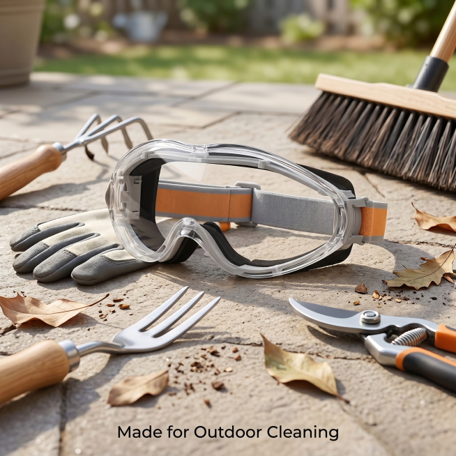 Create a realistic flat lay product image for outdoor home yard cleaning. Place reference's clear pr预览效果