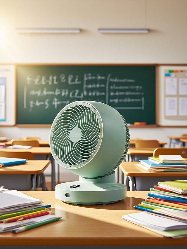 简约现代风扇置于教室，清新舒适，实景感强，体现简约主义设计。