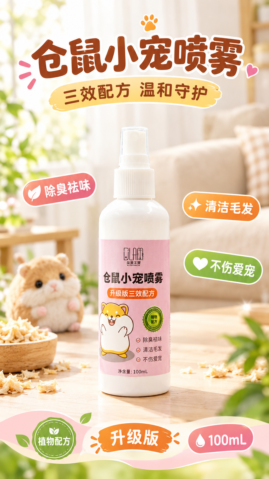 请将上传的仓鼠小宠喷雾产品图制作成一张温馨治愈的宠物护理商品营… - 图片创意预览