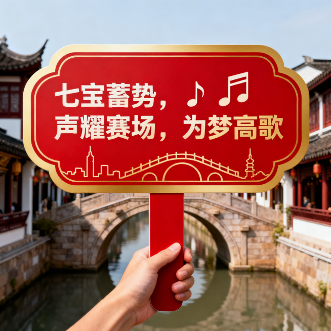 设计歌唱比赛手举手持牌，国风简约风格，主体文字"七宝蓄势，声耀赛场，为梦高歌"，搭配简约歌唱音符上海七宝古镇元素，色彩大气庄重醒目，适合手持拍照预览效果