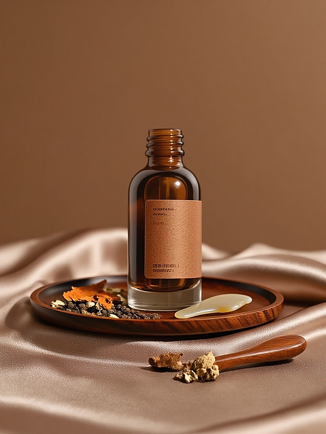 商业静物摄影。主体置于浅咖色丝绸桌布的木质托盘上，桌上有刮痧板和中药切片。棕色背景。简约高级的光影。