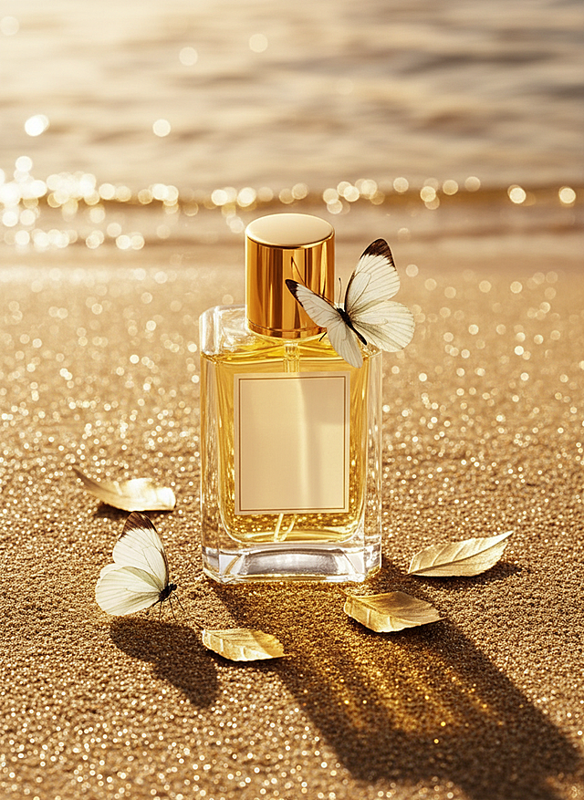 主体放置在洒了金粉的沙滩上，点缀两只白色蝴蝶（一只停在瓶身，一只在沙滩上）、金色叶片，背景有带金色光斑的水波纹