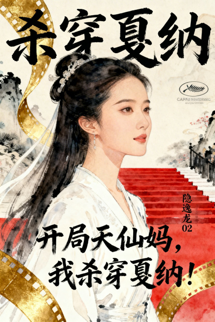 古风手绘风格，神似刘亦菲的古装白衣女子侧脸，气质飘逸如天仙，背景融合戛纳红毯与古风元素，画面中有金色胶片元素，突出大字“杀穿戛纳”，还有书名“开局天仙妈，我杀穿戛纳！”和笔名“隐逸龙02”，整体降低写预览效果