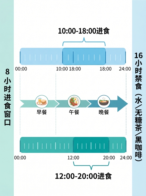信息图表风格，展示两种16:8窗口方案，上方标注文字"10:00-18:00进食"，下方标注文字"12:00-20:00进食"，中间用箭头串联一日三餐，左侧标注文字"8小时进食窗口"，右侧标注文字"1预览效果