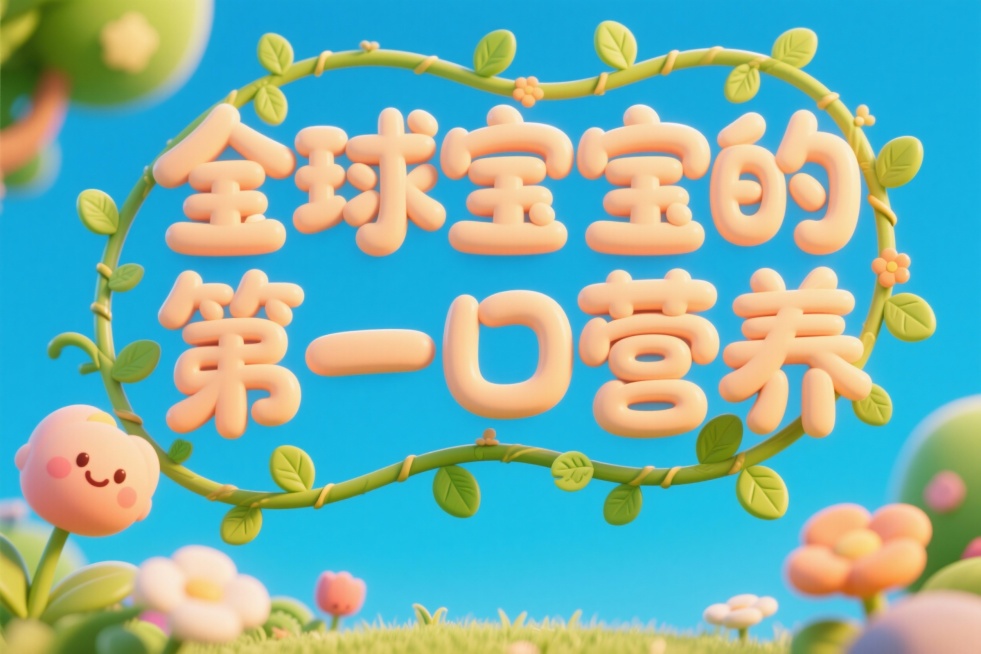 字体设计“ 全球宝宝的 第一口营养”，卡通可爱的藤蔓圆润字体，植物缠绕， 叶片花纹字形，字形生动，自由，活泼，简约，干净的蓝天背景，微缩景观预览效果