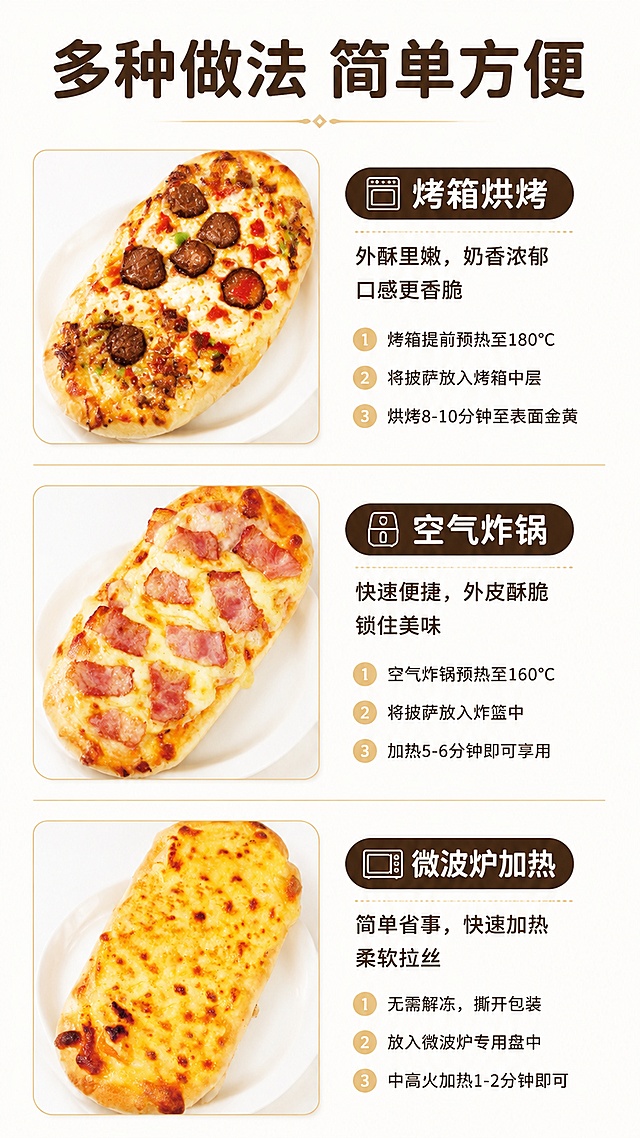 [第6屏] 多种吃法卖点拆解，介绍懒人速食的不同做法，本屏使用3张产品图分三栏展示。[氛围/风格] 白金风简洁信息排版，清晰干净，商业食欲感。[元素布局] 页面顶部放主标题，下方分三行展示不同吃法，每行左图右文：第一行烤箱烘烤、第二行空气炸锅、第三行微波炉加热，每行产品对应展示一款不同口味产品，产品外观和颜色与输入图片保持一致；每行配简单做法说明；整体排版整齐透气。[光影质感] 均匀柔光，每张产品图都清晰明亮，纹理自然。[配色色系] 全局底色 #FFFFFF，主色产品原色，辅助色浅金色分隔线，深棕色文字。[视角构图] 分栏纵向排版，每行统一产品大小，阅读从上到下清晰流畅。[文字版式] 顶部主标题「多种做法 简单方便」，圆角深棕色加粗；每个吃法左产品右标题+短句说明，文字清晰不遮挡产品。[比例分辨率] 9:16 竖版比例，4K分辨率，文字清晰可辨，高清画质。[负向提示词] 产品变形，排版错乱，颜色偏差，文字模糊，水印。
