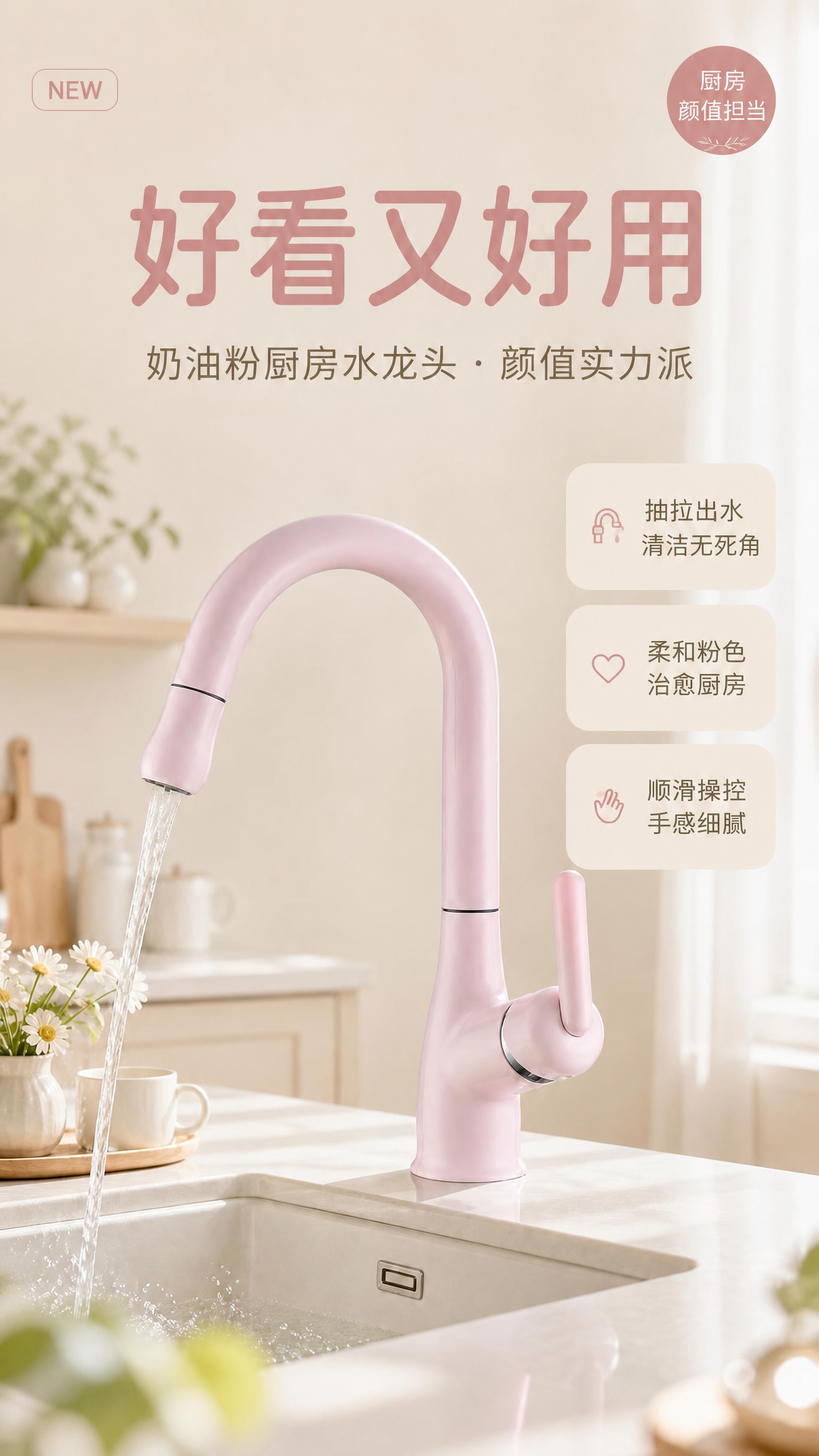 在保持原有奶油风厨房场景、粉色水龙头产品外形/颜色/结构完全不… - 图片创意预览