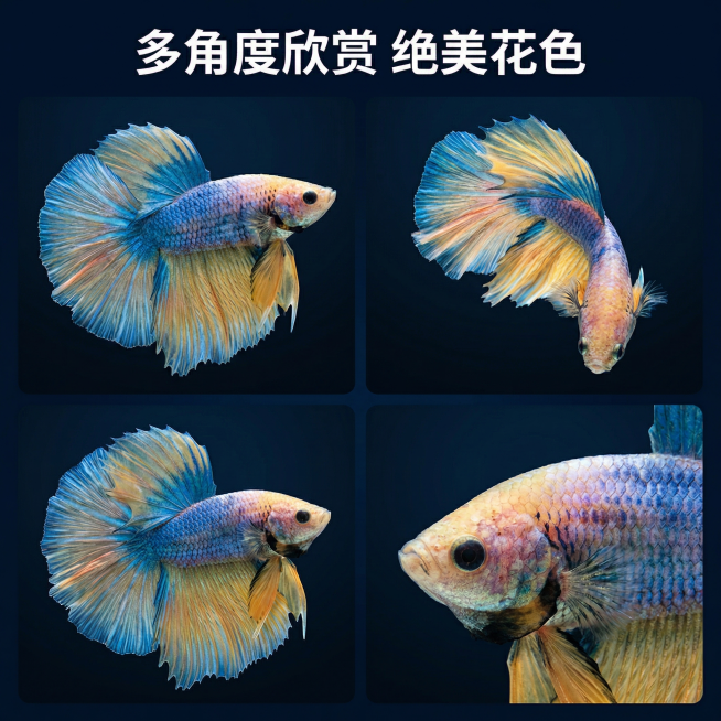[主图 7] 多姿态拼图展示 梵高莫奈泰国半月斗鱼
[氛围/风格] 专业商品展示，清晰统一风格
[画面元素] 拼图布局，四宫格展示斗鱼不同角度姿态，每个小图都保留原图真实斗鱼，统一深色背景，整体无边框预览效果