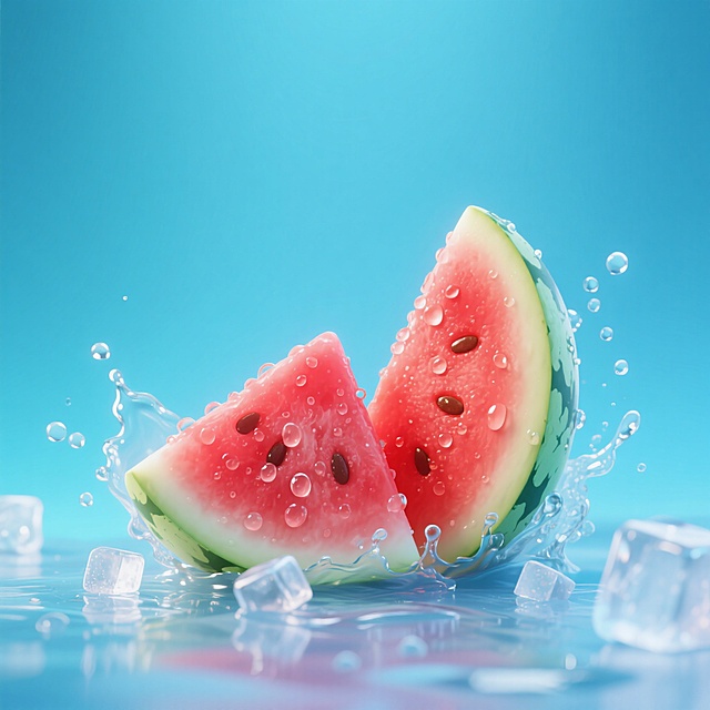 3D风西瓜切片，液态水花四溅，冰块点缀，清新爽口，夏日清凉感十足。