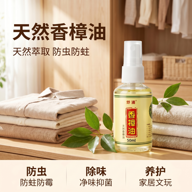 仅将图片中所有位置的文字"天然樟木油"修改为"天然香樟油"，保持图片其他所有内容，包括产品外观、布局、配色、光影、其他文案完全不变，保持1:1比例预览效果