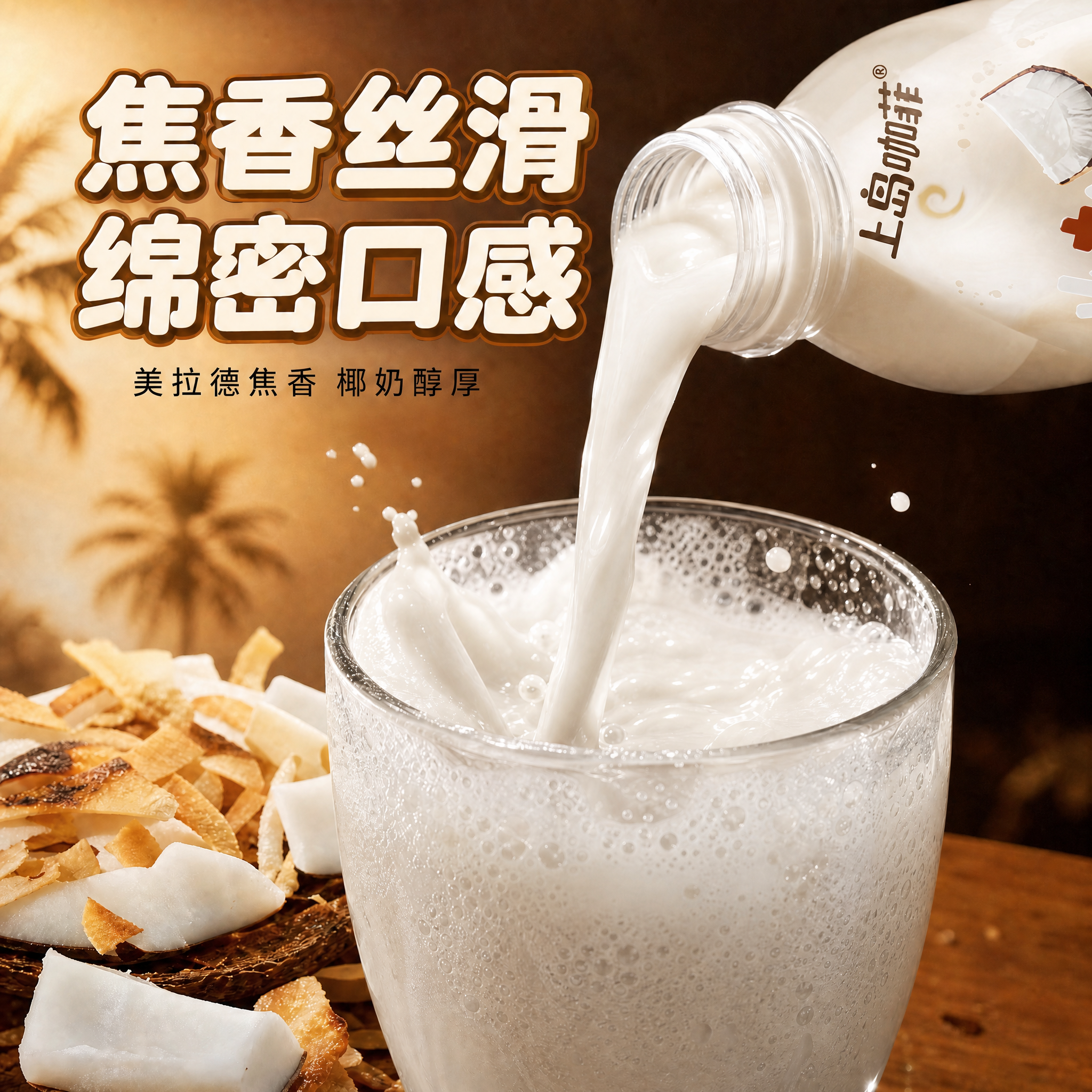 将画面中倾倒的液体和玻璃杯中的液体颜色修改为米白色椰奶色，保持… - 图片创意预览