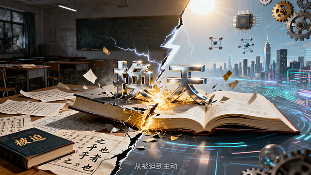 [image- 画面被一道闪电般的巨大裂痕斜向分割。裂痕左侧是昏暗、压抑的教室一角，散落着写满“之乎者也”的文言文试卷和历史年表，一本合上的书封上写着“被迫”二字。裂痕右侧是明亮、充满未来感的广阔空间，背景是隐约的城市天际线与数据流，空中悬浮着齿轮、芯片、分子结构等工科元素，一道光从上方打下。在横跨裂痕的中央，一本厚重的物理教科书被从中间“撕开”，书页飞扬。从撕开的书脊中，迸发出强烈的金色光芒，在光芒汇聚处，用锐利、充满力量的金属质感立体字铸成两个词：“换天”。在画面底部，一行小字写着：“从被迫到主动”。整体色调从左到右完成从灰暗到明亮的戏剧性过渡。]