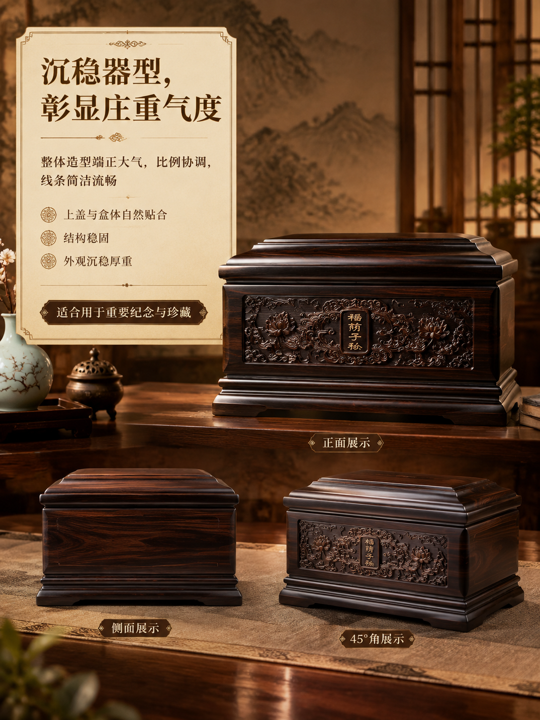[商品] 黑檀木骨灰盒「福荫子孙」，多角度组合（正面、侧面、4… - 图片创意预览