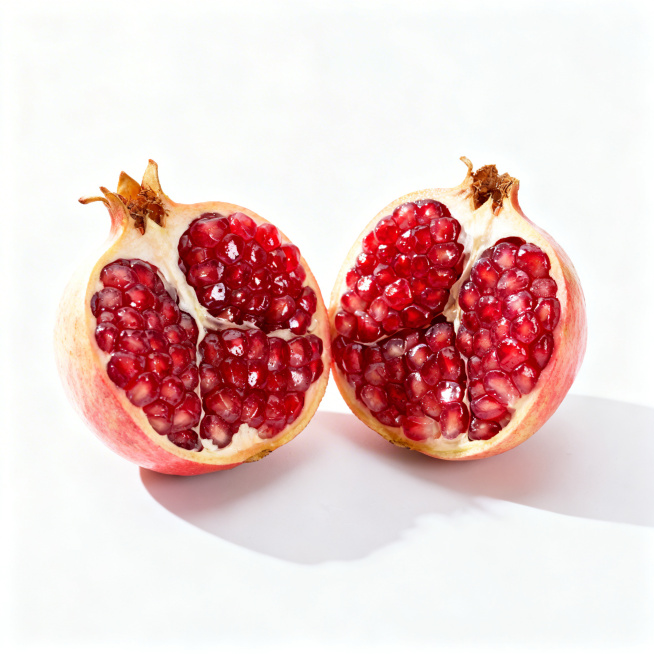 云南蒙自软籽石榴商品主图，纯白背景，对半切开的软籽石榴展示晶莹剔透红色籽粒，居中展示，光影清晰，适合电商销售，突出籽粒饱满多汁预览效果