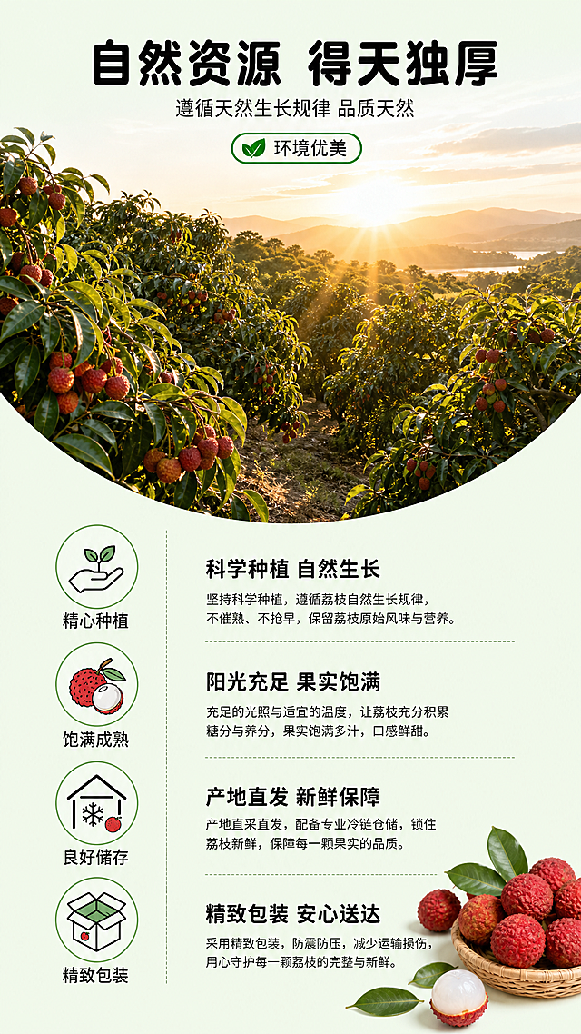 [第3屏] 产地优势-广东黑叶荔枝自然产地展示。
[氛围/风格] 自然原生态风，真实户外产地场景，阳光温暖氛围，突出产地环境优势。
[元素布局] 画面上半部分放半圆形广东荔枝园实景图，展示连片荔枝林，阳光从天际洒下；下半部分左侧四个圆形图标卖点，右侧文字介绍。保持整体信息饱满，不拥挤。本屏文字区域为主，产品图仅做点缀。
[光影质感] 户外自然光，阳光暖调，整体明亮温暖，层次分明。
[配色色系] 全局底色：#F0F9E8（浅绿白）；主体配色：#32CD32（自然绿）+#DC143C（荔枝红）+#222222（文字黑）；保持字体用色一致，仅黑色1种。
[视角构图] 上半圆实景图+下半部分信息区，上下分割构图，动线清晰从上到下。
[文字版式] 顶部大标题「自然资源 得天独厚」，居中对齐，主标题字号为画面宽度6%；副标题「遵循天然生长规律 品质天然」，字号约主标题40%。下方绿色环境标签「环境优美」，然后四个图标卖点：1️⃣ 精心种植 2️⃣ 饱满成熟 3️⃣ 良好储存 4️⃣ 精致包装，排版整齐，文字清晰。字形采用圆角黑体，字色仅黑色1种，字效纯色填充。
[比例分辨率] 9:16 竖版比例，2K分辨率，文字清晰可辨，超高清。
[负向提示词] 场景扭曲，文字错乱，颜色不协调，卖点排版混乱。
