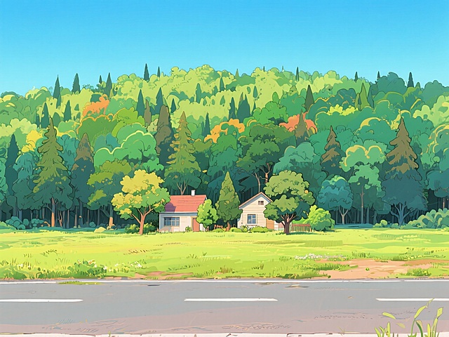 插画风的虚拟自然景观，清新舒适，色彩柔和，小屋隐于绿树间，营造宁静氛围。