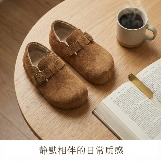 一双勃肯鞋自然摆放，略呈八字形

背景：浅木质纹理桌面，边缘放置：

一本摊开的精装书（露出书页）

一支黄铜书签

一杯热气咖啡（低调入镜）

底部居中：“静默相伴的日常质感”预览效果