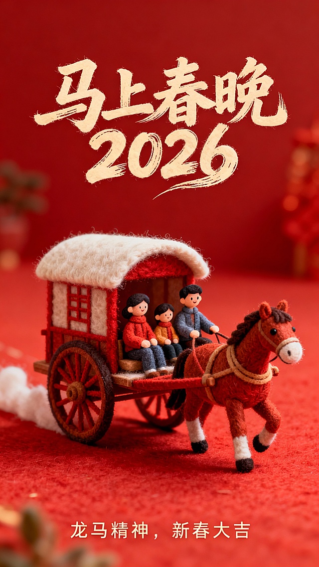 喜庆红调搭配粘土质感微缩马车，卡通人物载满年味，国潮风笔触书写“马上春晚2026”，龙马精神迎新春。