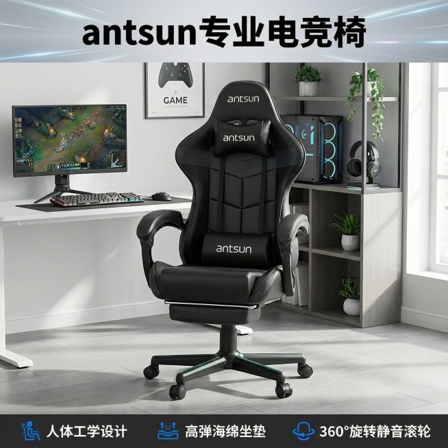 这是一张电商主图图片，要求将背景图变得更具有真实感，并且为背景填充一些元素，显得不空。要求图片整体明亮风格，突出电竞椅产品，并且电竞椅不与背景相突兀。预览效果