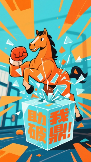 现代平面设计风格动态海报，一只表情坚毅的动画马在健身房做出挥拳姿势，击碎一个象征阻碍的、带有碎裂特效艺术字“助我破鼎！”的透明立方体（“鼎”）。字体碎裂效果与立方体碎片结合。背景是抽象的运动能量线条，预览效果