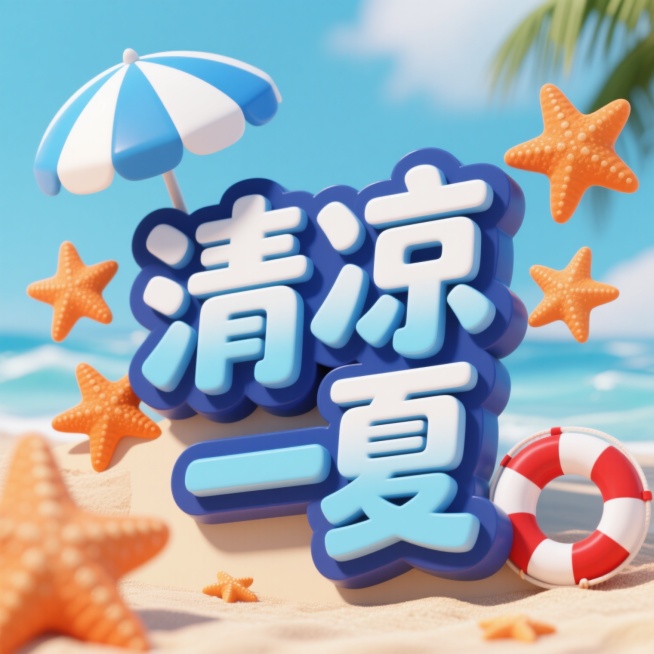 3D立体文字设计，主体为"清凉一夏"四个汉字，采用蓝白渐变色彩，文字边缘有深蓝色描边和阴影效果，呈现出明显的立体浮雕质感。左上角有一把蓝白相间的遮阳伞图案，文字周围点缀着橙色海星和红白相间的救生圈装饰元素，整体构图活泼轻快，色彩清新明快，营造出夏日海滩的凉爽氛围，视觉层次分明，主体突出，符合夏日主题的清凉设计感。预览效果