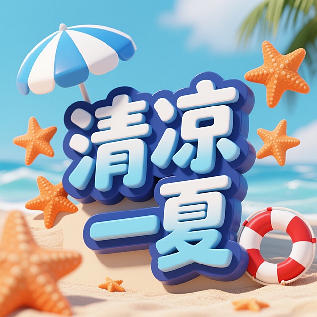 3D立体文字设计，主体为"清凉一夏"四个汉字，采用蓝白渐变色彩，文字边缘有深蓝色描边和阴影效果，呈现出明显的立体浮雕质感。左上角有一把蓝白相间的遮阳伞图案，文字周围点缀着橙色海星和红白相间的救生圈装饰元素，整体构图活泼轻快，色彩清新明快，营造出夏日海滩的凉爽氛围，视觉层次分明，主体突出，符合夏日主题的清凉设计感。