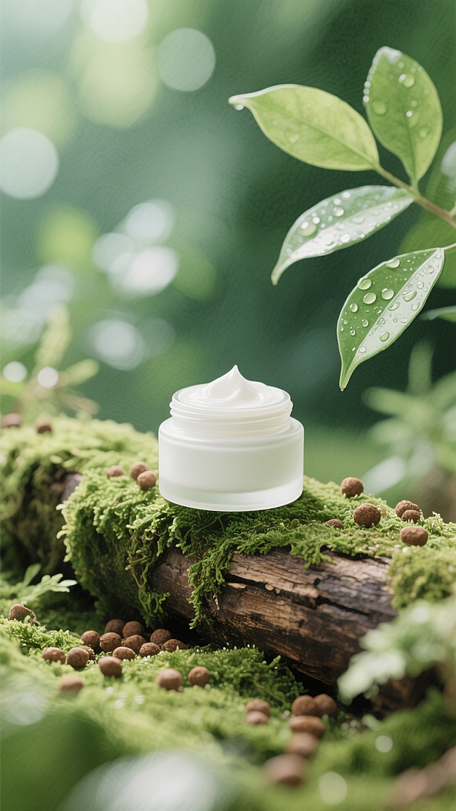 精致的白色乳霜置于铺满翠绿苔藓的原木之上，周围散落着棕色颗粒状物体，背景为模糊的绿色植物与几片带水珠的翠绿叶子，整体呈现清新自然的水彩画风格，柔和的笔触，通透的色彩晕染，细腻的纹理表现，光影柔和，营造宁静自然的氛围，构图以原木和苔藓为主体，乳霜为视觉焦点，背景虚化突出主体。
