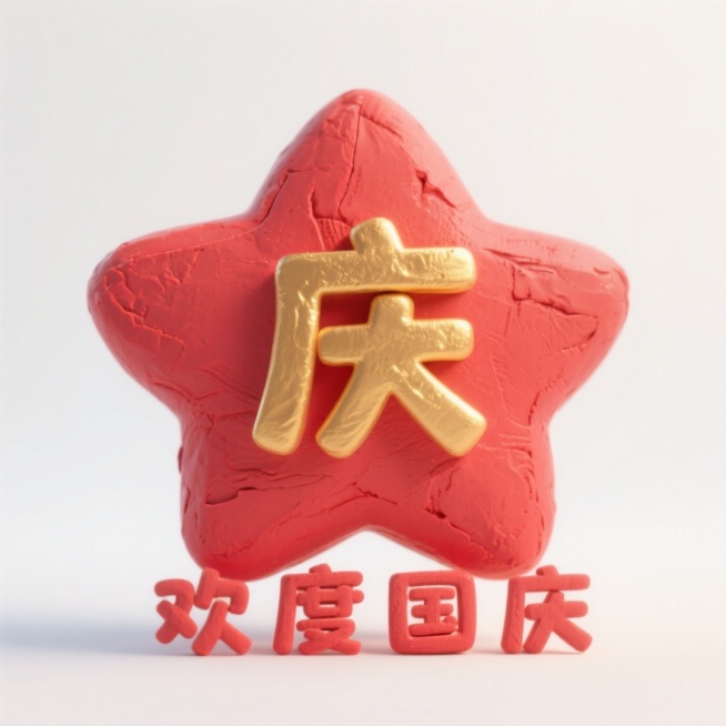 一个红色星星外形里写着金色的“庆”，白色背景，下面写着红色“欢度国庆”预览效果