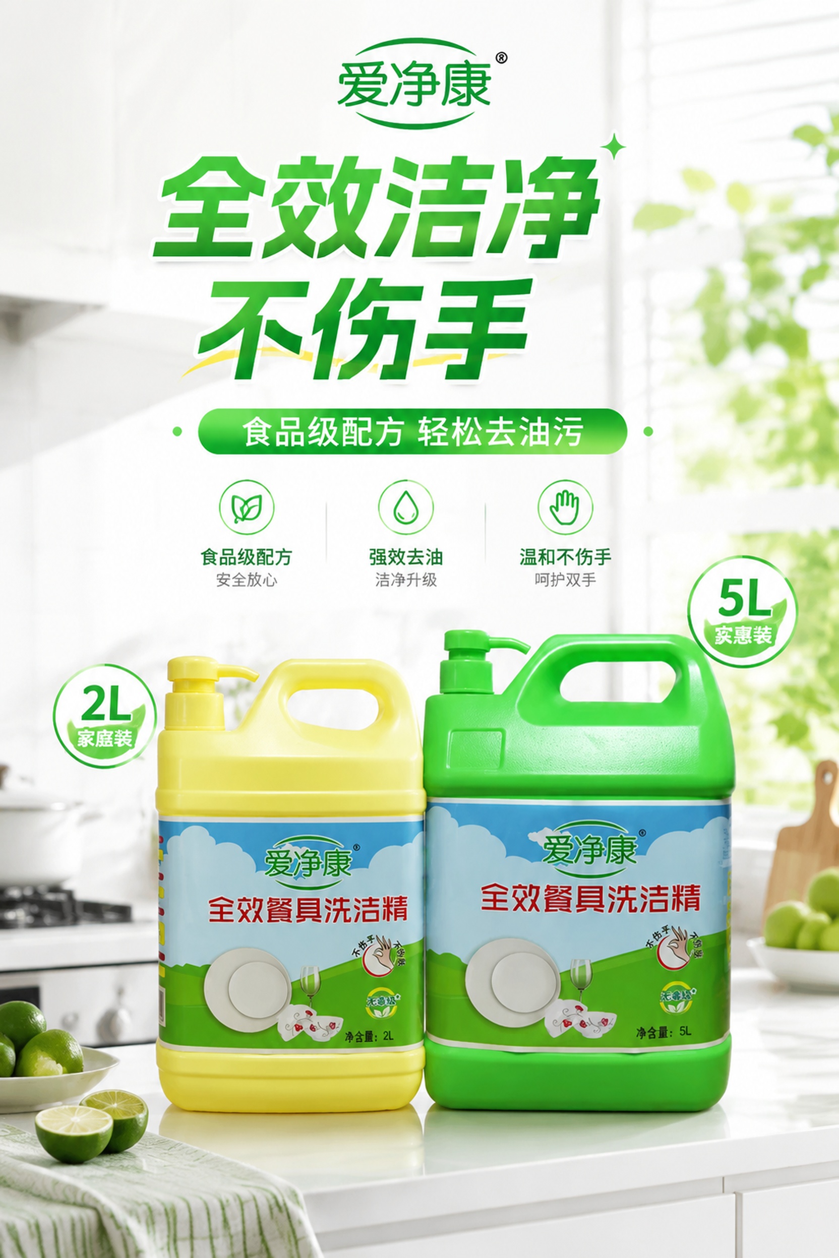 电商详情页第1张首屏海报，爱净康全效餐具洗洁精，2L黄色瓶和5… - 图片创意预览