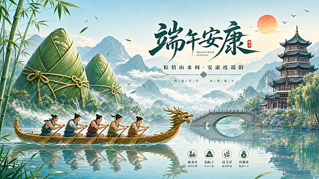 设计一张端午节主题的宣传海报，横版，整体风格清新雅致，充满传统节日氛围。海报背景是淡蓝色的山水风景，远处有连绵起伏的山峦，山峦呈现出淡蓝色和绿色的渐变色调，山间云雾缭绕，营造出朦胧的美感。远处天空中有一轮橙红色的落日，几只飞鸟展翅飞翔，增添了画面的生动感。画面中，左侧有两座巨大的粽子造型的山体，用绿色粽叶和金色绳子包裹着，显得十分有趣。左侧的粽子山体旁生长着翠绿的竹子，竹叶随风飘动。水面如镜，清晰地倒映出周围的景物。下方水面上有一艘龙舟，龙舟为棕黄色，船头雕刻着龙头，船上有5位划手，样貌和发型不同，人物完整。他们动作整齐划一，似乎正在奋力划桨。画面右上方有一座传统风格的多层塔楼建筑，建筑旁有一座小桥横跨水面，连接着两岸。